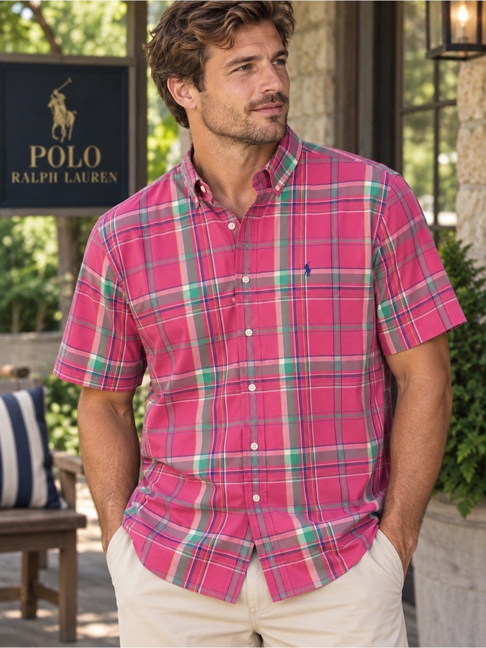 Ralph Lauren Men’s Pink Plaid Short-Sleeve Button-Down Shirt #1206CL